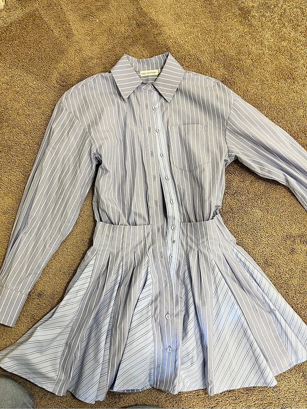 Avec Les Filles Stripe Long Sleeve Cotton Button-Up Minidress Blue & White